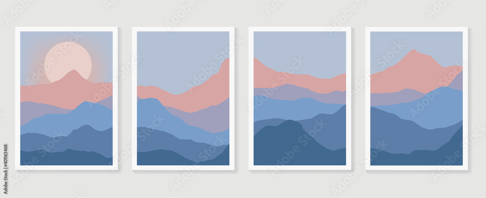 Mountain wall art vector set. Earth tones landscapes backgrounds set with moon and sun.  Abstract Arts design for wall framed prints, canvas prints, poster, home decor, cover, wallpaper. 
