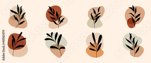 Botanical wall art vector set. Earth tone boho foliage line art drawing with  abstract shape.  Abstract Plant Art design for wall framed prints, canvas prints, poster, home decor, cover, wallpaper.
