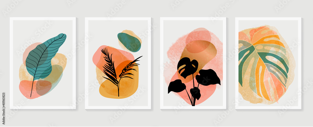 Obraz premium Botanical and gold abstract wall arts vector collection. Golden and luxury pattern design with leaves line arts, Hand draw Organic shape design for wall framed prints, canvas prints, poster, home dec
