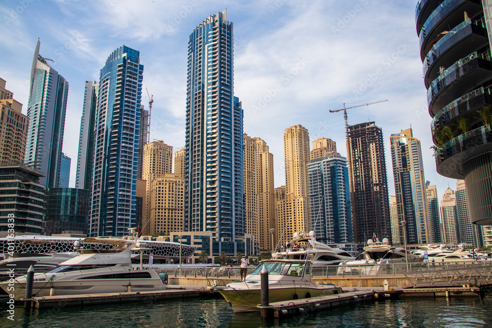 View of pier in Dubai Marina at evening hour. Outdoors