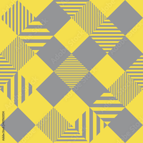 Abstract background seamless pattern. Checkered, diamond shape cross-cut. Color trends of 2021 yellow and gray. Textured for fabric, tile, book cover, poster, magazine, wall. Vector illustration.