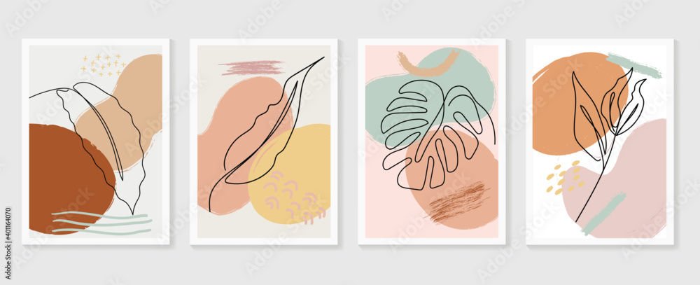 Botanical wall art vector set. Earth tone boho foliage line art drawing with  abstract shape.  Abstract Plant Art design for wall framed prints, canvas prints, poster, home decor, cover, wallpaper.