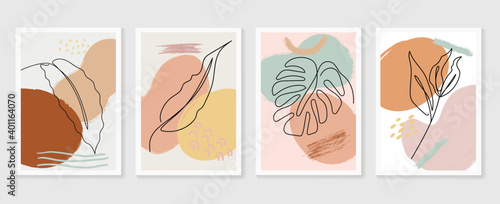 Botanical wall art vector set. Earth tone boho foliage line art drawing with abstract shape. Abstract Plant Art design for wall framed prints, canvas prints, poster, home decor, cover, wallpaper.