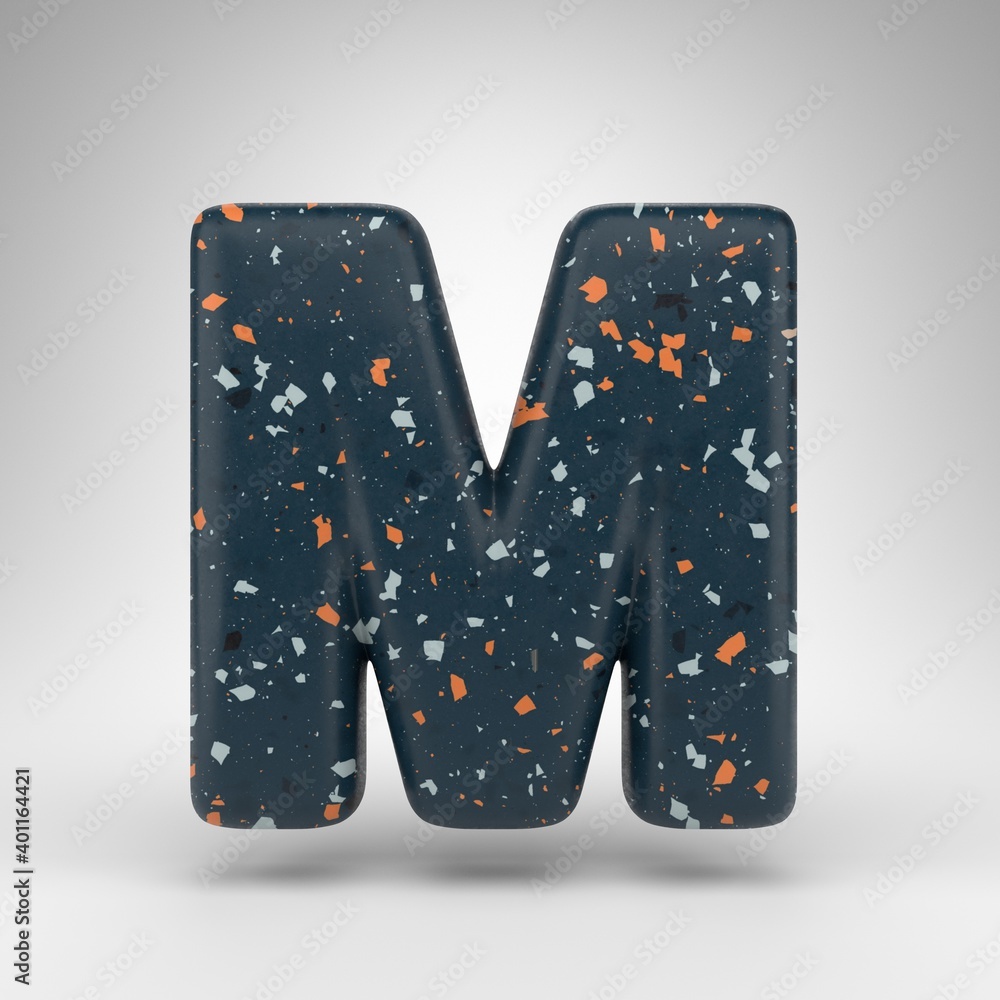 Letter M uppercase on white background. 3D letter with blue terrazzo pattern texture.
