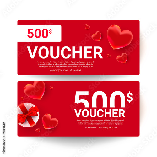 Shopping voucher gift cards template set with realistic sweet love shape decor and 500 dollar numbers. Discount card coupon. Happy Valentine day concept