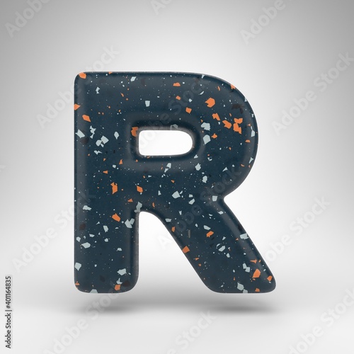 Letter R uppercase on white background. 3D letter with blue terrazzo pattern texture.