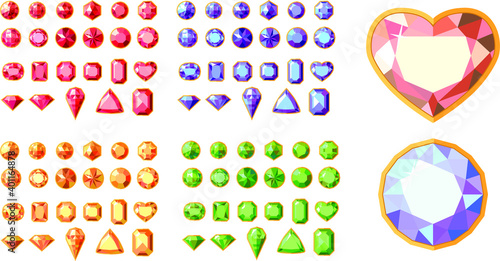 Different jewels isolated on white background. Brilliants, rubies, emeralds and sapphire with gold