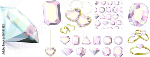 Different jewels isolated on white background. Diamonds and gold