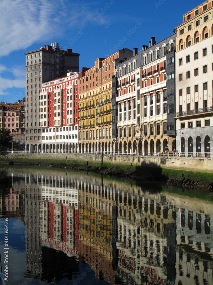 Facades of historic houses along the Bilbao estuary, Basque Country, Spain