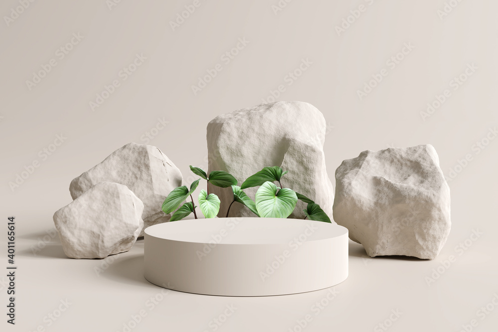 Stone product display podium with nature leaves on brown background. 3D rendering - obrazy, fototapety, plakaty 