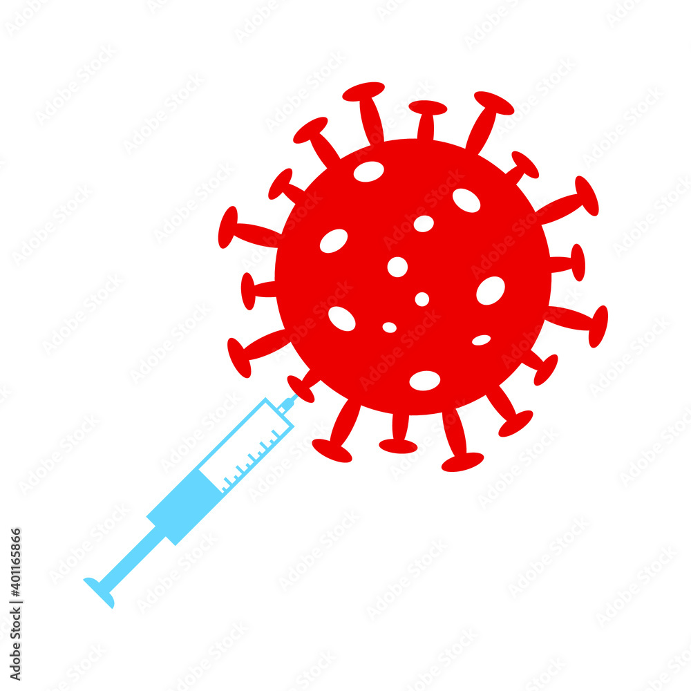 Red coronavirus and blue syringe icon on white background, sign for design, vector illustration Red coronavirus and blue syringe icon on white background, sign for design, vector illustration