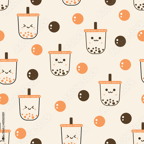 Seamless pattern with bubble milk tea cup on milk tea texture background vector illustration.