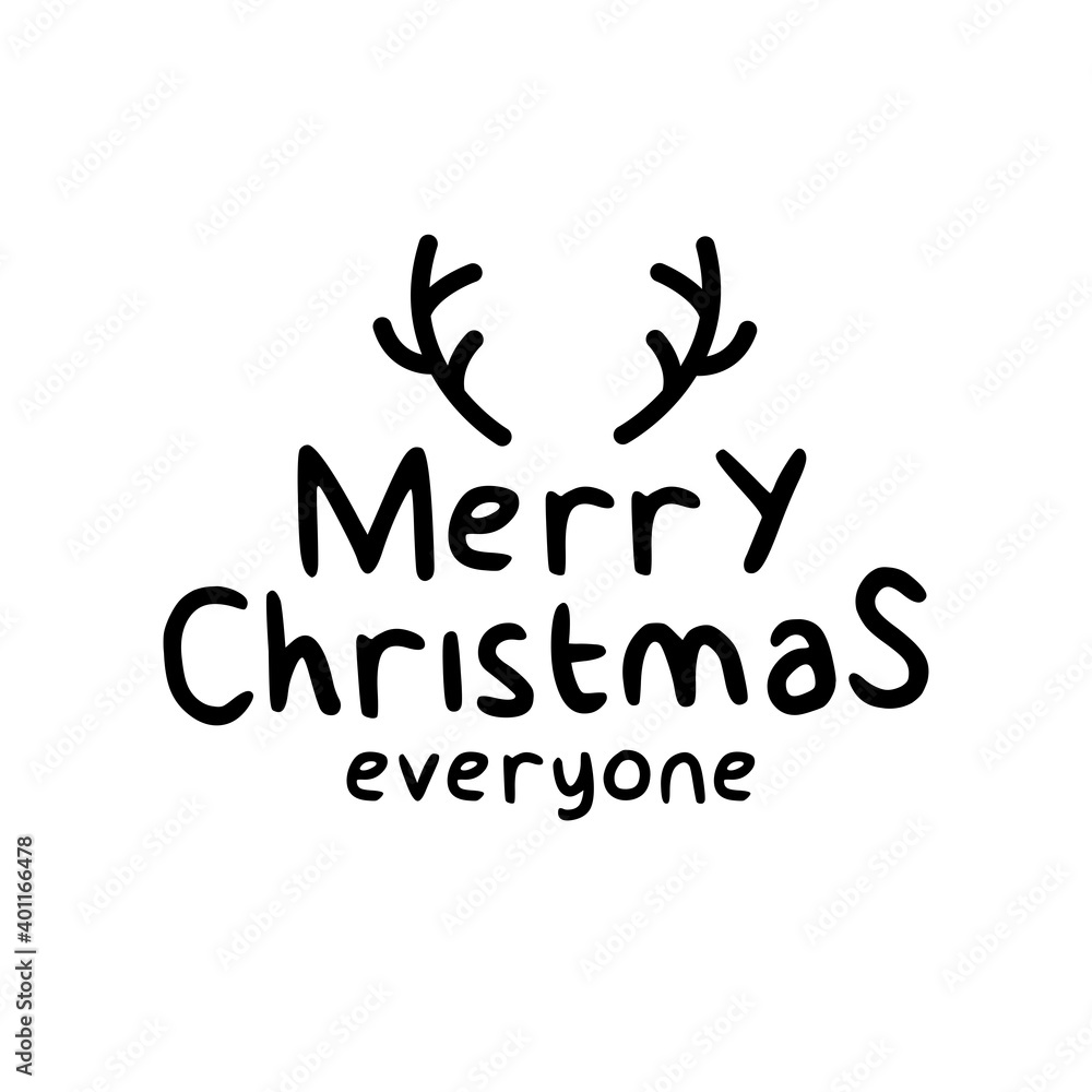 Merry Christmas hand drawn black text with antlers for greeting card, banner, postcard and festive background