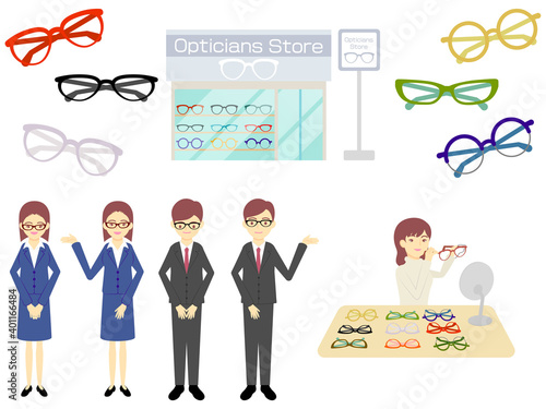 メガネ店の店員とお客／Eyeglass store clerk and customer