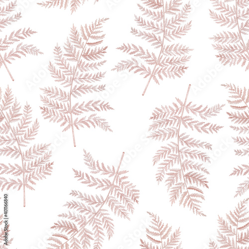 Pastel fern seamless pattern. Watercolor fern leaves endless background.