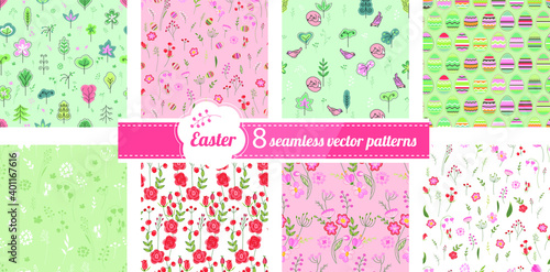 Seamless patterns with stylized cute trees and birds. Endless texture for announcements, greeting cards, posters, advertisement.