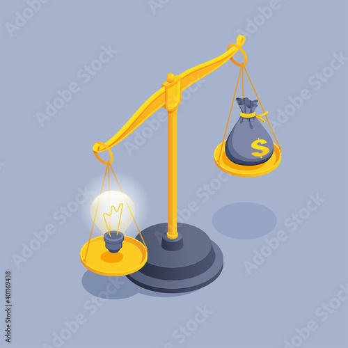 isometric vector illustration on gray background, light bulb and bag with dollars on scales, idea and money