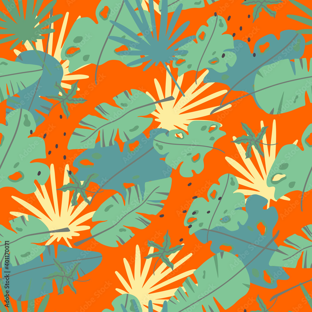 Naklejka premium Tropical seamless background. Large leaves on orange. Vector illustration in cartoon style. For printing, postcards, clothing, gift paper