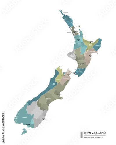 New Zealand higt detailed map with subdivisions. Administrative map of New Zealand with districts and cities name, colored by states and administrative districts. Vector illustration. photo