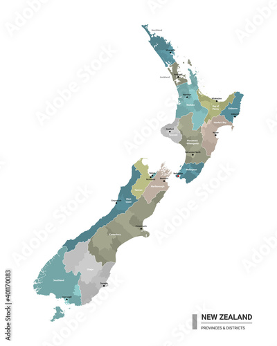 New Zealand higt detailed map with subdivisions. Administrative map of New Zealand with districts and cities name, colored by states and administrative districts. Vector illustration.