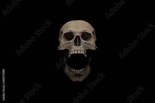 Human skull with wide open mouth on black background. 3D rendering.