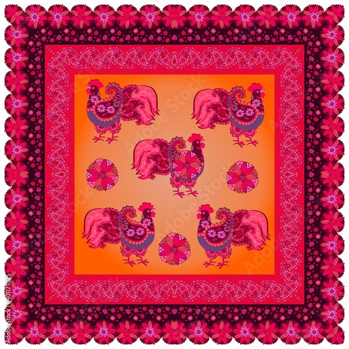 Tablecloth, napkin, pillowcase or carpet with patterned roosters in folk style and bright floral frame.
