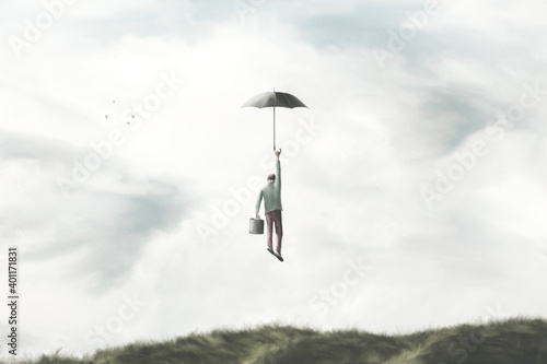 illustration of man flying in the sky with umbrella, surreal freedom concept