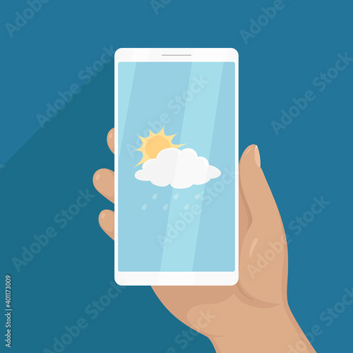 Hand hold smartphone with weather forecast. Vector illustration.