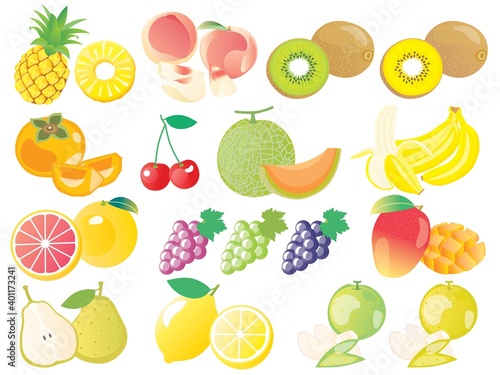 Fototapeta Naklejka Na Ścianę i Meble -  パイナップルや梨やブドウやメロンのフルーツのセットイラスト