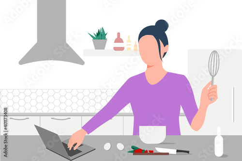 A young woman looks on laptop and cooking by online video tutorial in her kitchen. Online culinary school. Online courses, e-learning. Eps 10.