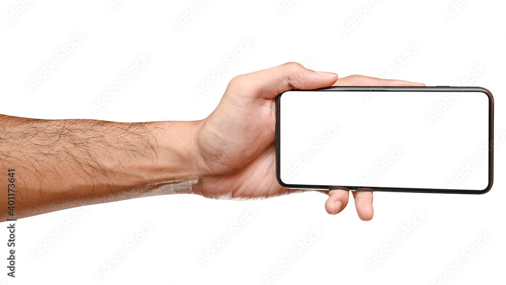Male caucasian hand holding phone isolated on white background. Male caucasian hand holding phone isolated on white background.