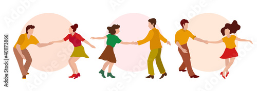 Vector illustration Line of feet of men and women in shoes dancing Charleston, vector illustration in fl style. Swing dance, dancing couples, feet on the wooden floor. Horizontal banner