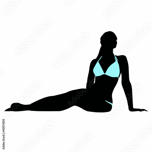Black silhouette of a girl in a sitting position close-up on a white background. Vector graphics.