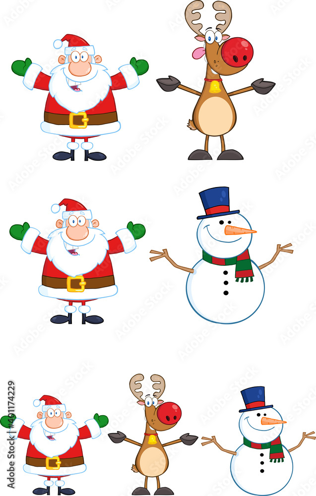 Santa Claus, Reindeer, And Snowman Cartoon Characters. Vector Collection Set Isolated On White Background Santa Claus, Reindeer, And Snowman Cartoon Characters. Vector Collection Set Isolated On White Background