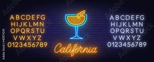 Cocktail California neon sign on brick wall background. White and yellow neon alphabets.
