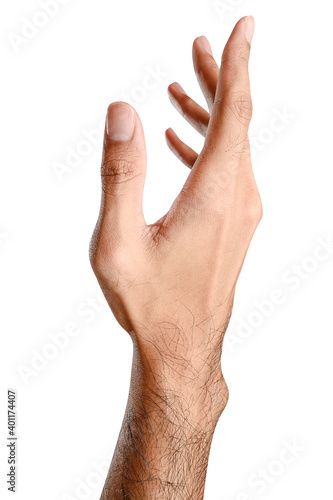 Male caucasian hand reach and ready to help or receive. Gesture isolated on white background.