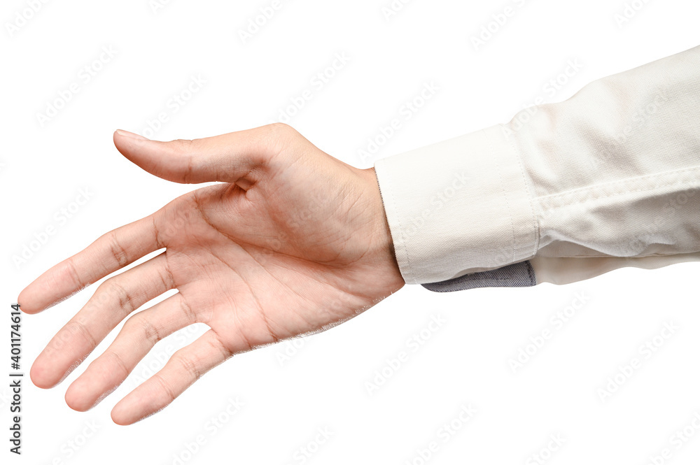 Business male caucasian hand reach and ready to shake or assistance. Gesture isolated on white background.