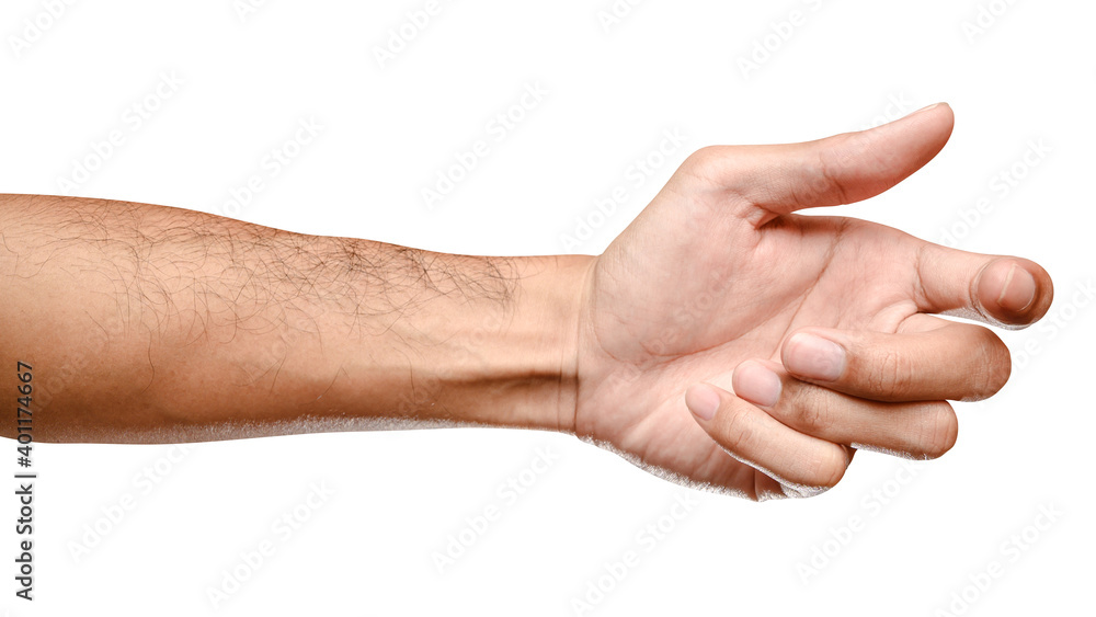 isolated of male caucasian hand holding something like a bottle or can.