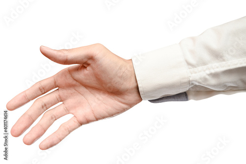 Business male caucasian hand reach and ready to shake or assistance. Gesture isolated on white background.
