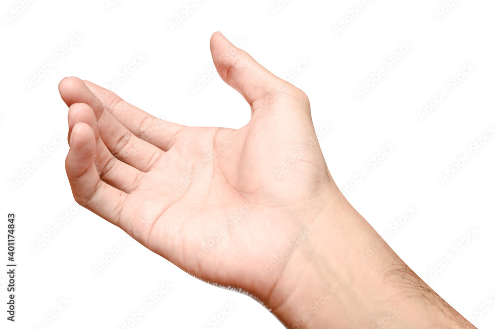 Male caucasian hand reach and ready to help or receive. Gesture isolated on white background. Male caucasian hand reach and ready to help or receive. Gesture isolated on white background.