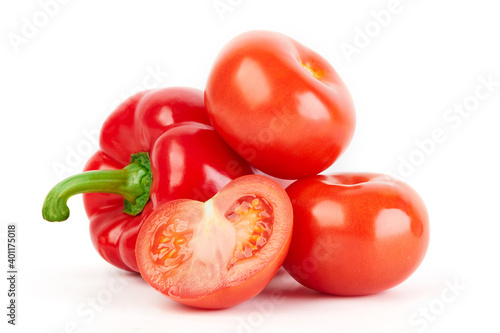 Fresh vegetables: tomatoes and red pepper isolated on white background macro close up. 