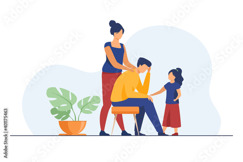 Mom and daughter comforting upset dad. Touching shoulder, holding hand, giving support flat vector illustration. Family, empathy, help concept for banner, website design or landing web page