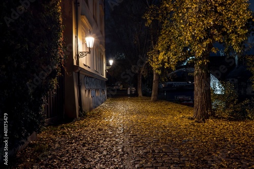 .street lights and pedestrian sidewalk with cobblestones in the center of Prague at night 2020