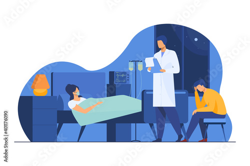Woman suffering from hard disease. Patient on life support, doctor, hospital flat vector illustration. Illness, intensive care, medical help concept for banner, website design or landing web page