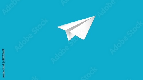 Paper airplanes flying over sky and takeoff. Origami paper plane flying on blue background. Avia travel concept. 4k. photo