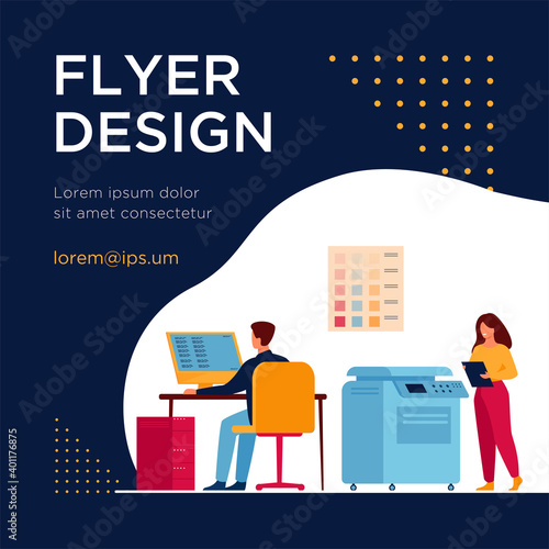 Print house workers using computers and operating big commercial printers for printing banners and posters. Vector illustration for ad agency, printing industry, advertising design concept