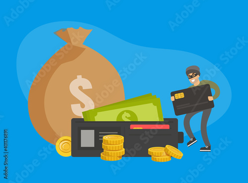 Masked Man Stealing Money and Credit Card, Thief Committing Robbery, Lawless Financial Criminal Scene Flat Vector Illustration
