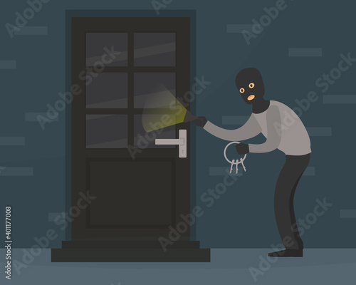 Male Burglar in Balaclava Committing Robbery, Theft Trying to Unlock Door with Lock Pick Breaking in House, Criminal Scene Flat Vector Illustration