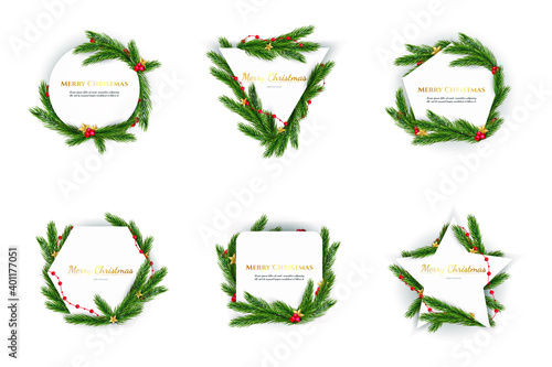 Set of Christmas frames of different shapes on a white background Christmas tree and geometric pattern. Christmas design. Vector illustration