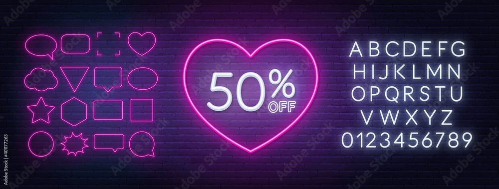 50 percent off neon sign in a heart shape frame. Valentine day discount lighting design. White neon alphabet and pink speech bubble frame.